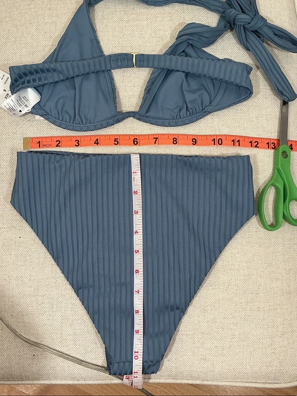NWT L*SPACE Ribbed High-Waist Bikini Set Slate Blue Underwired Halter Bra Sz S